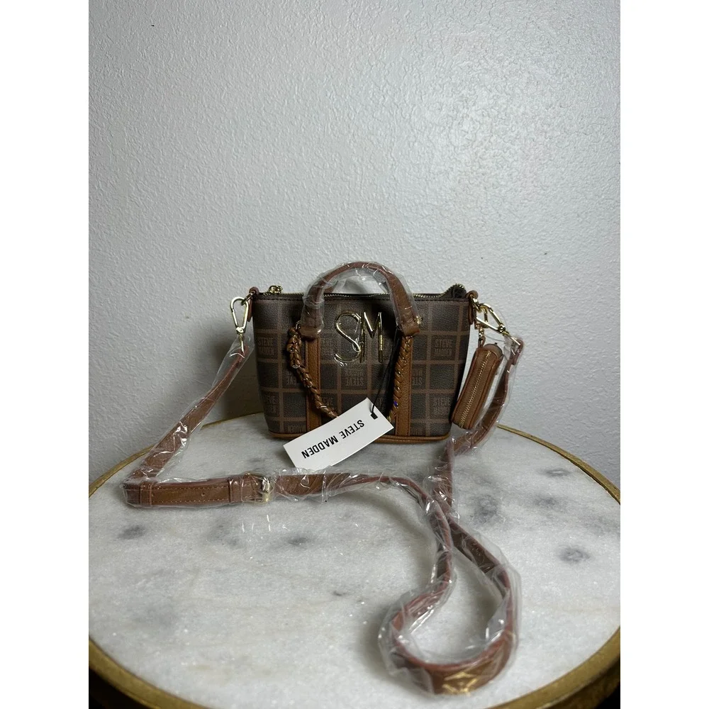 Steve Madden BMADDI Satchel Brown Monogram Crossbody Bag with Pouch DO345000 NEW